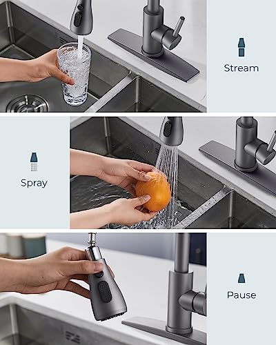 FORIOUS Kitchen Faucets, Grey Kitchen Faucet with Pull Down Sprayer, High Arc Single Handle Stainless Steel Sink Faucets 1 or 3 Hole, Classic Kitchen Sink Faucets for Farmhouse Camper Laundry Rv Bar