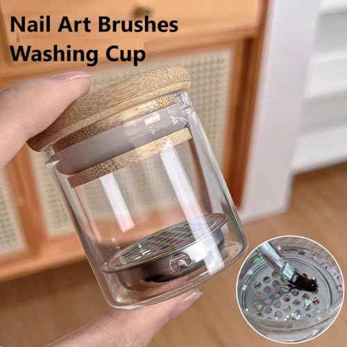 Nail Art Brushes Washing Cup, Nail Glitter Removal Cup, Monomer Holder, Nail Art Acrylic Liquid Powder Removal Cup, Nail Brush Cleaner Dappen Dish with Lid, Easy Cleaning Portable Mesh Layered