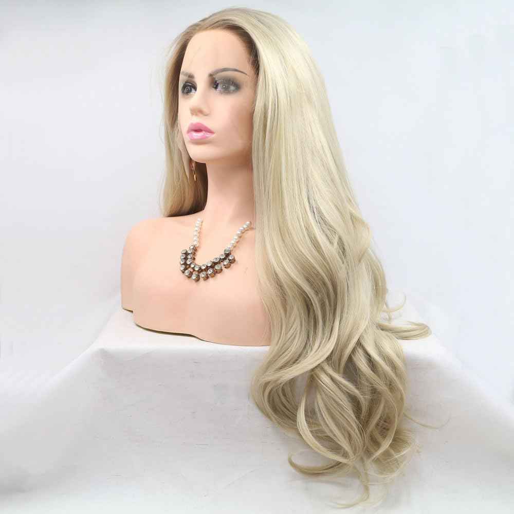 Xiweiya 13x3 Lace Long Ombre Blonde Wavy Lace Front Wig with Blonde Brown Roots Natural Wave Synthetic Lace Front Wig for Halloween Cosplay Wig Lace Heat Resistant Fiber High Density Wig for Women 24"