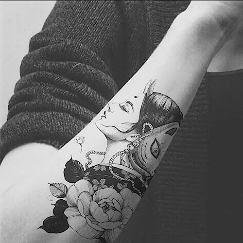 6 Sheets Waterproof Arm Temporary Tattoo Stickers Black Japanese Geisha Women Lady Samurai Fan Sword Crane Flower Fox Keaton Mask
