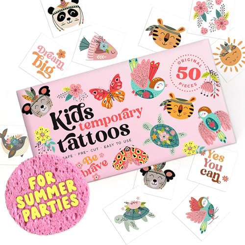 Kids Temporary Tattoos - 50 Designs, Hypoallergenic, Made in Europe