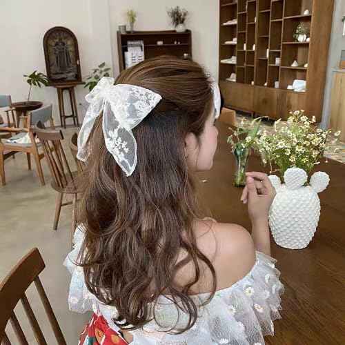 Large White Lace Hair Bow Clips for Women Girls | Cute Lace Bow for Hair Weighs Only 0.3 Oz | White Hair Decor for Wedding Pageant Prom Party Birthday Party Communion Bridal Shower (1 Pack)
