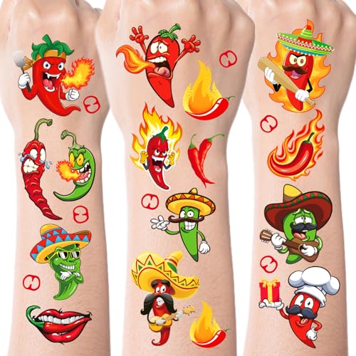 Chili Cook off Temporary Tattoos, 160 Pcs Chili Cook Off Decorations, Funny Red Hot Pepper Cook-Off Tattoo Stickers for Mexican Theme Cooking Fiesta Food Contest Competition Party Favors Supplies