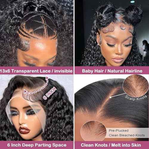 250% Density HD Lace Front Wigs Human Hair 13x6 Deep Wave Lace Front Wigs 28inch Bleached Knots Pre Plucked Curly Wig for Women 100% Human Hair Natural Color