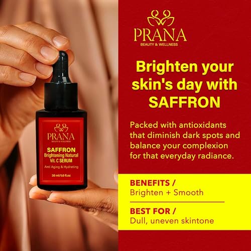 PRANA Saffron Brightening Vitamin C Face Serum ? Ayurvedic Skincare with Pure Blue Lotus, Vetiver & Sandalwood ? Hydrating Anti-Aging Serum for Even Skin Tone, Dark Spots & Radiant Glow (30ml)