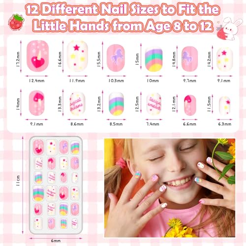288 Piece Kids Press On Nails Set, 12 Designs Girls Ages 8-12