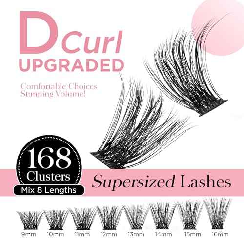 Cluster Lashes Wispy Lash Clusters, 168pcs D Curl Natural Volume Lashes Clusters, DIY Individual Eyelash Extensions with Soft Ultra-thin Band, 9-16mm (56D)