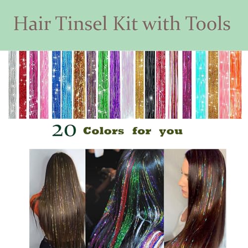 Hair Tinsel Kit - 48 Inch Glitter Extensions, 20 Colors for Festivals