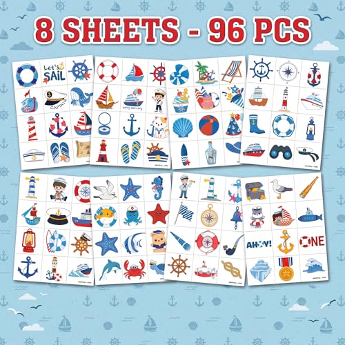 96 PCS Nautical Temporary Tattoos for Kids | Ocean Boat Party Favors