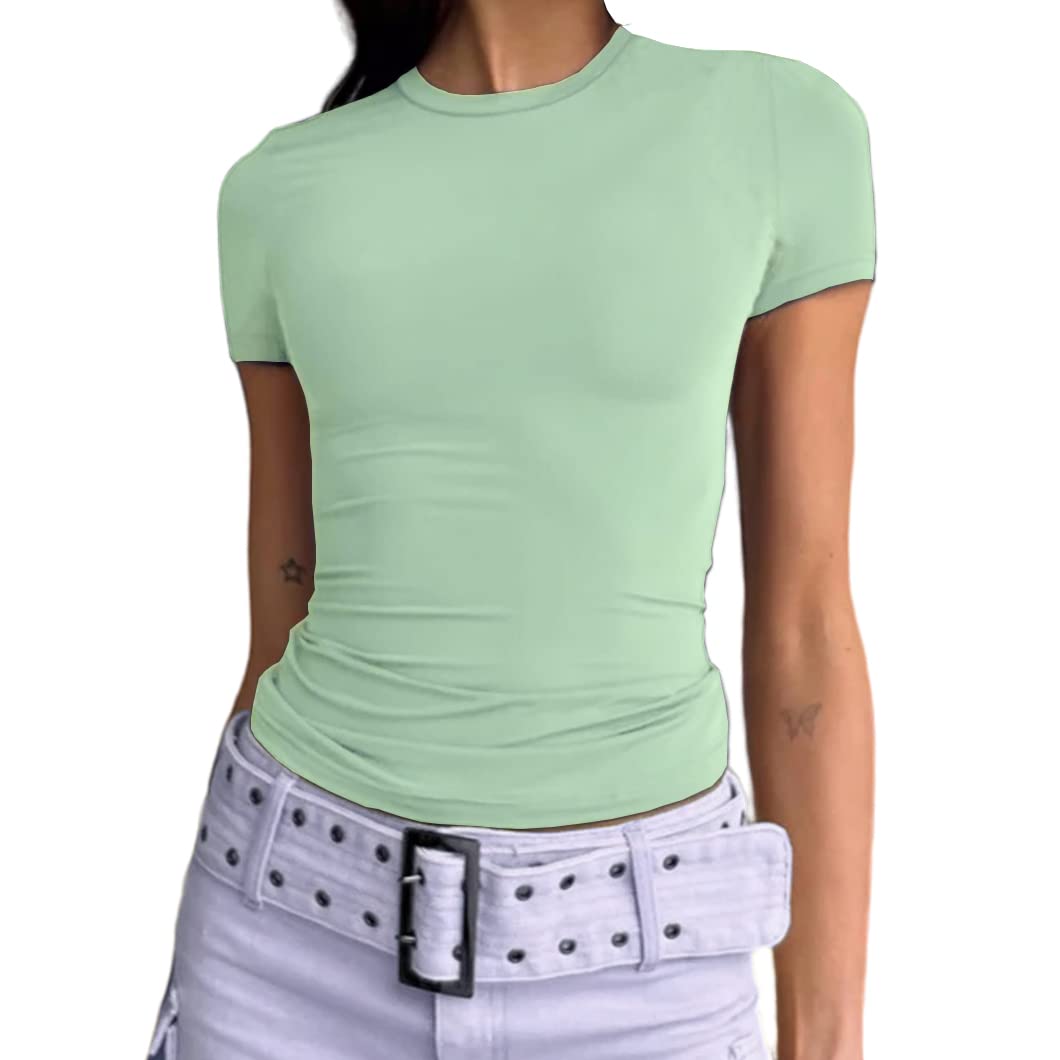 Abardsion Women's Casual Basic Going Out Crop Tops Slim Fit Short Sleeve Crew Neck Tight T Shirts (Mint Green, XL)