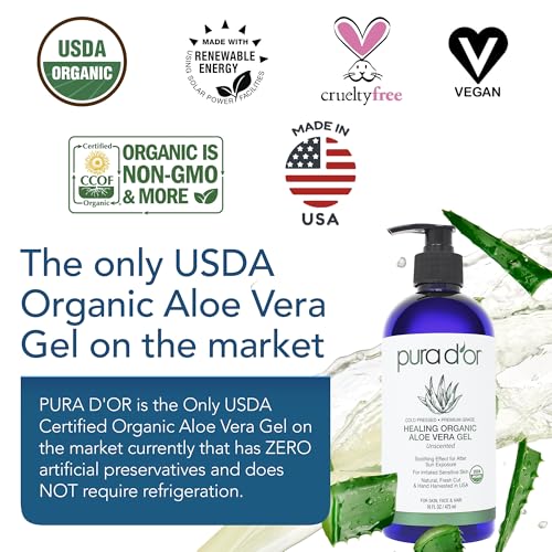 PURA D'OR 16 Oz ORGANIC Aloe Vera Gel - Unscented - All Natural - ZERO Artificial Preservatives - Deeply Hydrating & Moisturizing - Sunburn, Bug Bites, Rashes, Small Cuts, Eczema Relief - Skin & Hair