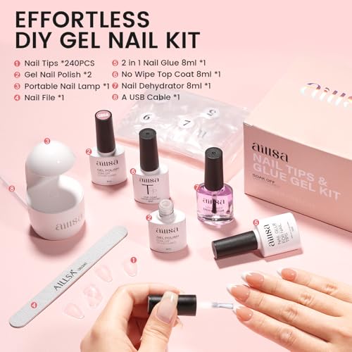 AILLSA Gel Nail Kit with 240 Almond Tips, Glue & Lamp