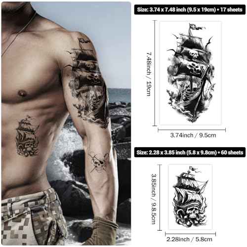 77 Sheets Pirate Temporary Tattoos Adult,Captain Anchor Compass Sailboat Tattoos, Pirate Ships Flag Skull Crossbones Sailor Fake Tattoo for Costume, Fake Arm Tattoos for Men Women Kids