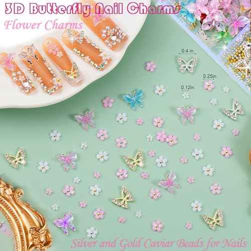 10000pcs Nail Charms and Gems:Pink Cute Bow Heart 3D Flower Charms for Junk Cases kit;Gold Chunky Butterfly Charms for Nails Design,nail jewels Diamond Rhinestones for Nails;Beads Pearls for Nails Art