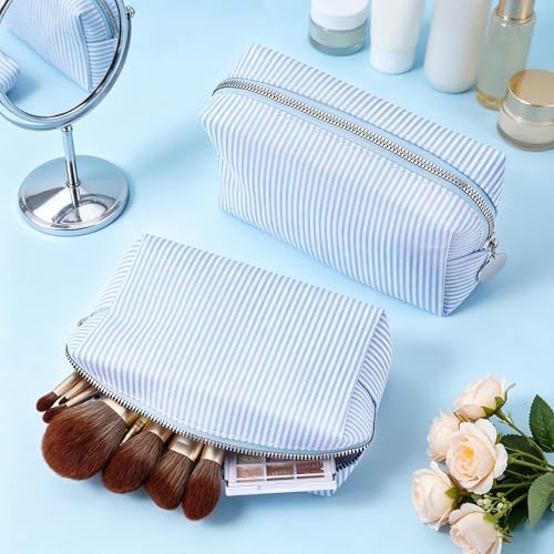 Light Blue 12Pcs Seersucker Makeup Bag Bulk Travel Cosmetic Organizer for Women