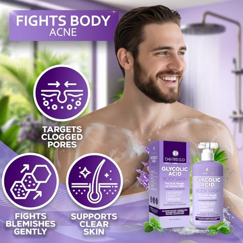 BELLISSO Glycolic Acid Body Wash - Exfoliating AHA Liquid Soap for Rough and Bumpy Skin - Gentle Exfoliant - Bump and Lump Eraser Formula - 16 Fl Oz