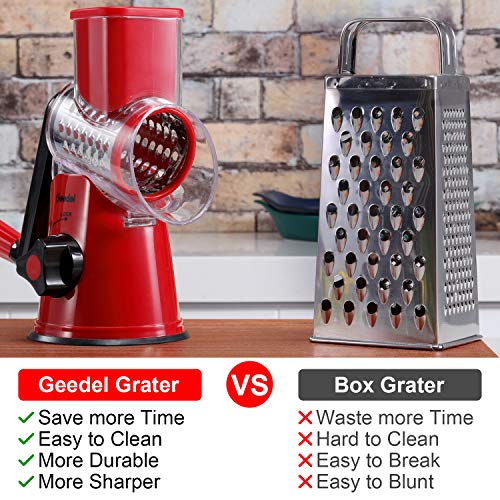 Geedel Rotary Cheese Grater, Kitchen Mandoline Vegetable Slicer with 2 Interchangeable Blades, Easy to Clean Rotary Grater Slicer for Fruit, Vegetables, Nuts