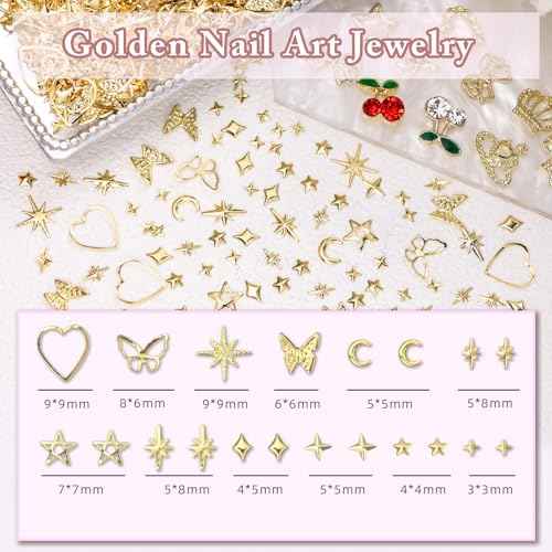 2 Boxes 300 Pcs Gold Nail Charms, Cherry Nail Charms, Bows Star Heart Crosses Butterfly Crown Nail Gold Charms, Multi Shapes Golden Nail Art Studs, Y2K Gold Charms for Nail DIY