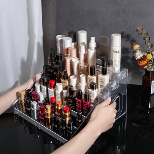 Nail Polish Organizer 84 Bottles of 7 Layers Sunglass Organizer Acrylic Display Rack Eyeglasses Storage Essential Oils Holder Makeup Organizer No Tool Needed Assembly, Clear (2 Pack)