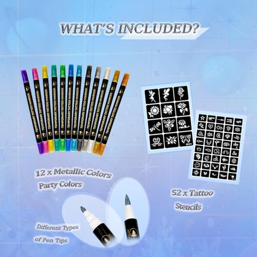 Temporary Tattoo Markers with 52 Stencils - 12 Dual-Tip Pens