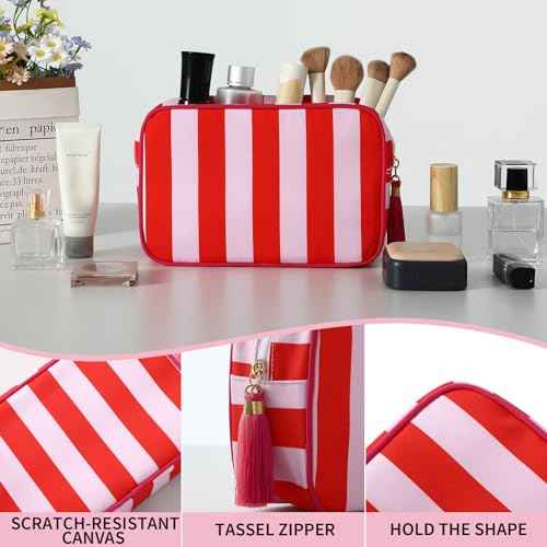 Stripe Makeup Bag Travel Cosmetic Bag Organizer Tassel Toiletry Bag Large Canvas Zipper Pouch and Accessories Storage Bag for Women