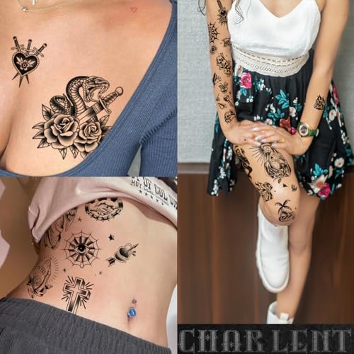 CHARLENT Black Vintage Temporary Tattoos - 9 Sheets Old School Designs