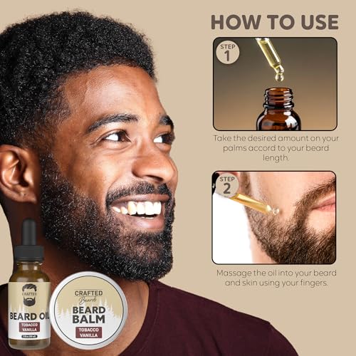 Crafted Beards Beard Care Kit for Men - Softer, Smoother, Moisturized Beard - Beard Oil and Beard Balm - Tobacco Vanilla Scent - Gift Set
