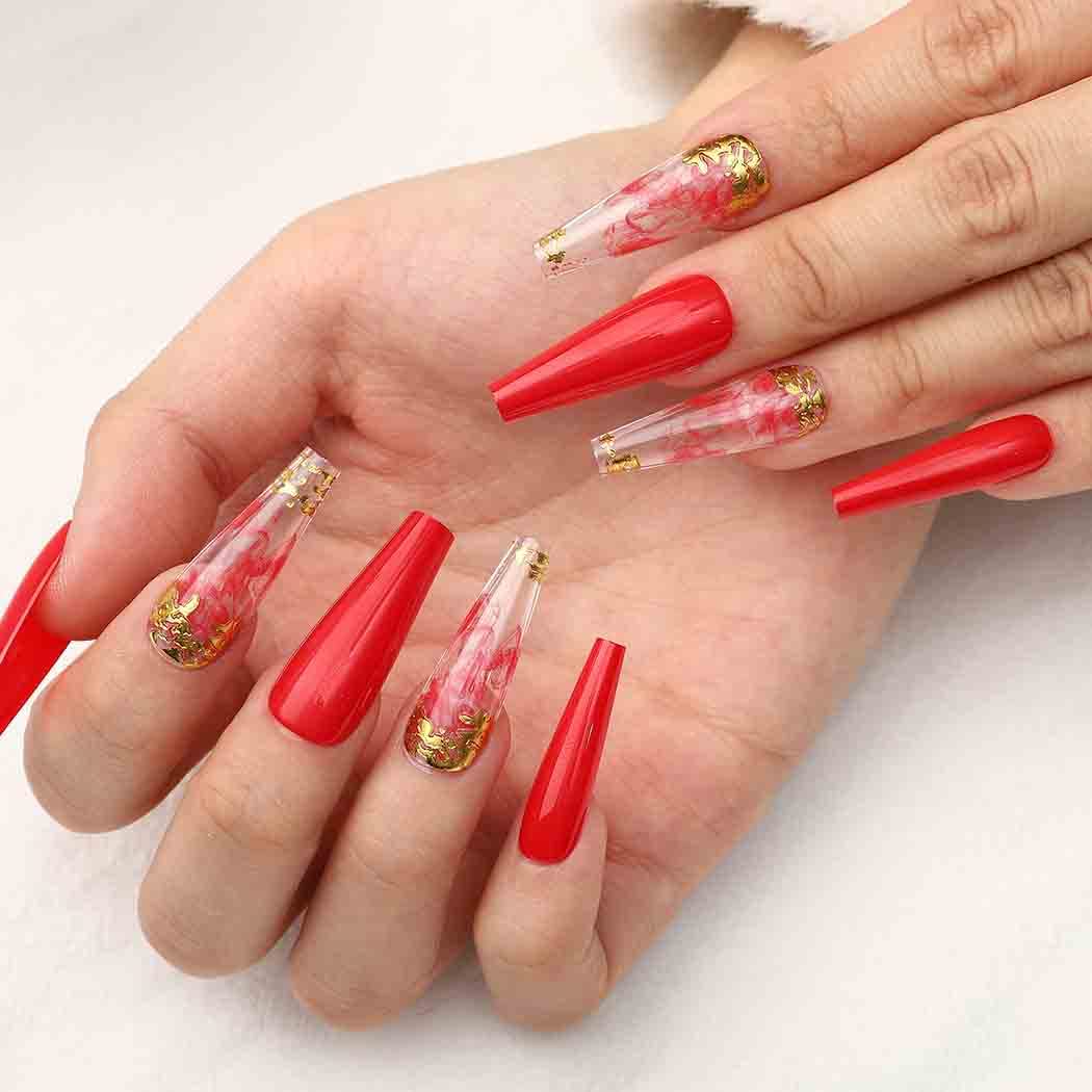 Outyua Smoke Pattern Fake Nails Coffin Glossy Red Extra Long Press on Nails with Designs Ballerina Acrylic False Nails Designer Full Cover Cute Nails for Women and Girls 24Pcs (Ruddy)