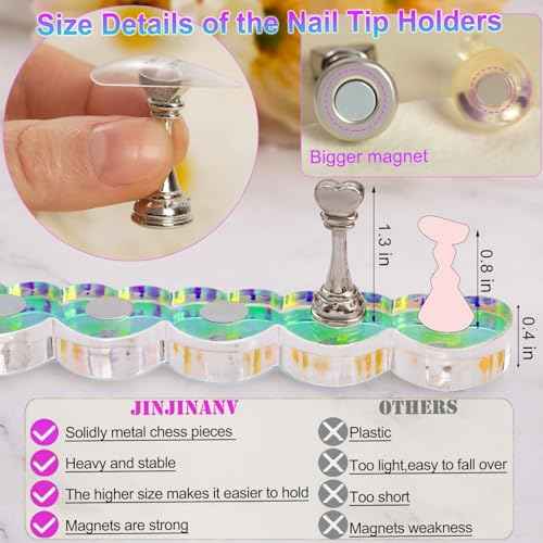 2 Set Nail Stands, Thickened Metal Nail Stand for Press Ons, Aurora Heart Nail Polish Holder for Painting, Fake Nail Display Stand Nail Practice Magnetic Nail Art Tools w/ 100Pcs Reusable Glue Tabs