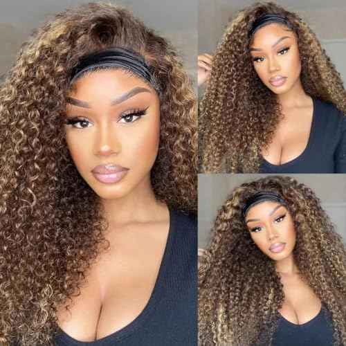 XSY Highlight Ombre kinky Curly Headband Wig Human Hair 20 Inch Headband Wigs For Women Human Hair Glueless None Lace Front Curly Wave Wigs Brazilian Virgin Hair Wear And Go Glueless Wig 150% Density