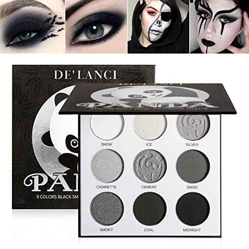 ecofavor Black Smoky Eye shadow Palette, DE¡¯LANCI PANDA 9 Colors True Black Dark Grey Smokey Goth Makeup Pallet, 9 Soft Matte Shimmer High Pigmented Basic Black White Gray Shade for Halloween