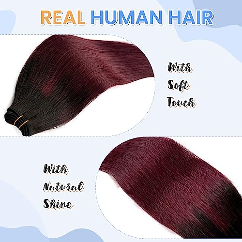 1B99J Sew in Hair Extensions Real Human Hair Wine Red Bundles Burgundy with Dark Roots Hand Tied Weft Hair 100g 16Inch Double Weft Silky Straight Ombre Sew in Hair Bundles for Women