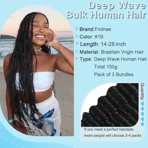 Human Braiding Hair 16 Inch Natural Deep Curly Bulk for Boho Braids - Black #1BBundle