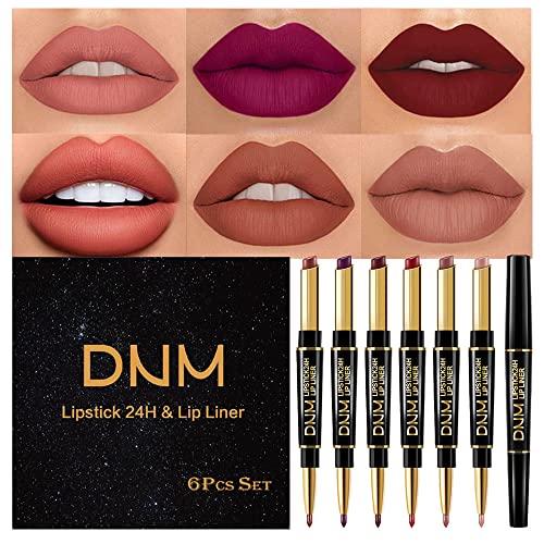 evpct 6Pcs Lip Liner & Lipstick Set A01 Matte – 2-in-1 Waterproof Lip Liner & 24H Lipstick, Antique Rose Chestnut Nude Dark Brown