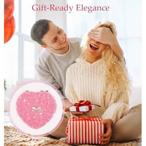 Pink Compact Mirror, Double-Sided Heart Compact Mirror, Magnetic Folding Purse Mirrors Compacts for Girls, Kids, Home Office, Valentine's Day