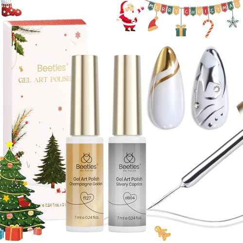 Beetles Metallic Gel Liner Nail Art Polish Set Christmas Gold Silver 2pcs Gel Nail Polish Liner Chrome 3D High-Gloss Effect for Nails Paint Design with Thin Brush DIY French Manicure Gift for Women