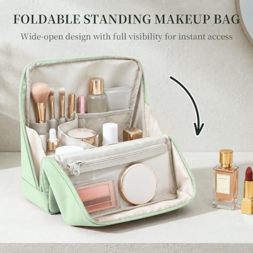 LiviWild Green Travel Standing Makeup Bag with Compartments & Waterproof Design