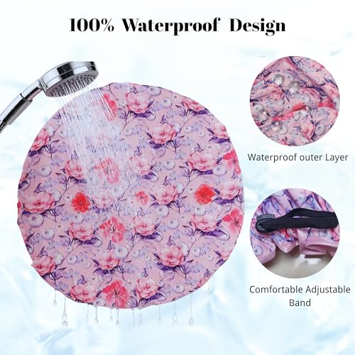 Luxury Shower Cap for Women Reusable Waterproof, 2 PCS Extra Large Double Layered Shower Caps for Long Hair with Adjustable Elastic Strap, Large Satin Lined Shower Bath Cap for All Hair Lengths