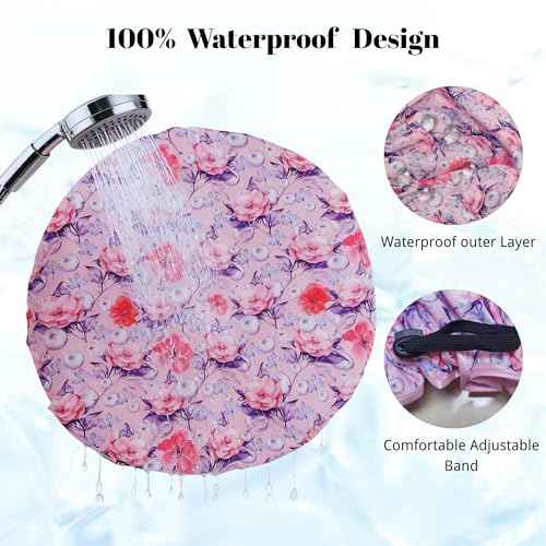 Extra Large Luxury Shower Cap for Women Reusable Waterproof, Double Layered Shower Caps for Long Hair with Adjustable Elastic Strap, Large Satin Lined Shower Bath Cap for All Hair Lengths