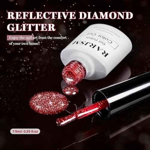 RARJSM Red Reflective Glitter Gel Nail Polish Holographic Rainbow Iridescent Sparkle Flash Diamond Shimmer LED UV Soak Off Gelpolish Nail Art Manicure Salon DIY at Home 1pcs 7.5ml