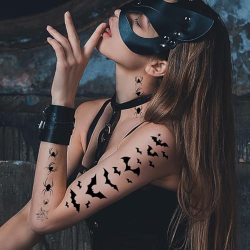 6-Pack Halloween Bat and Spider Temporary Tattoo Stickers - 5.5 x 8.2 Inch Black Bat, Spider, and Web Design - Perfect for Halloween Cosplay, Party Decorations, and Kids & Adults Face and Body Makeup