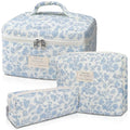 Gosect Quilted Makeup Bag Set 3-Piece Floral Cotton Organizer