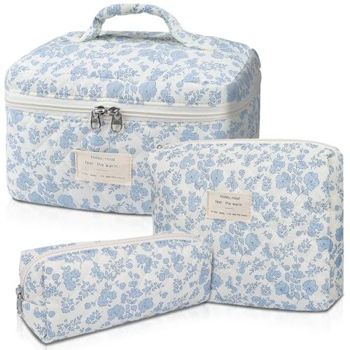 Gosect Quilted Makeup Bag Set 3-Piece Floral Cotton Organizer
