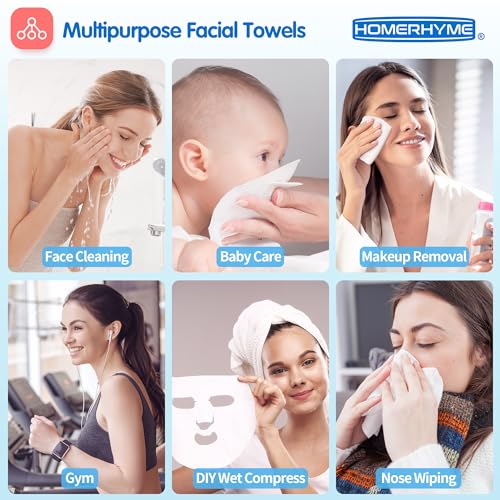 HOMERHYME Facial Towel, 600 Count Face Wipes Makeup Remover Cloth, Bulk Disposable Biodegradable Ultra-Soft & Lint-Free, Unscented All-purpose Washcloth for Travel, Skincare & Personal Cleansing