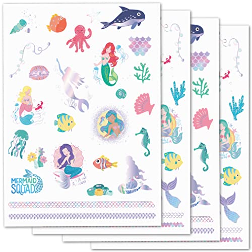 PapaKit Mermaid Temporary Tattoos - 54 Styles, 4 Sheets, Metallic Foil