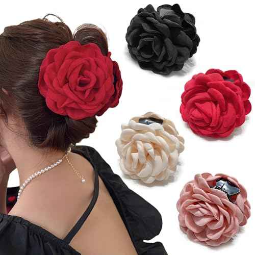 4pcs Handmade Fabric Rose Flower Hair Claw Clip for Women Girls, 3.94" Large Boho Hawaiian Floral Hairpins Barrettes for Thick Thin Hair Styling Accessories(Red Pink)