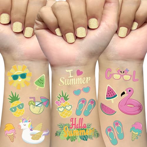 Summer Pool Party Temporary Tattoos for Kids - 44 Metallic Designs