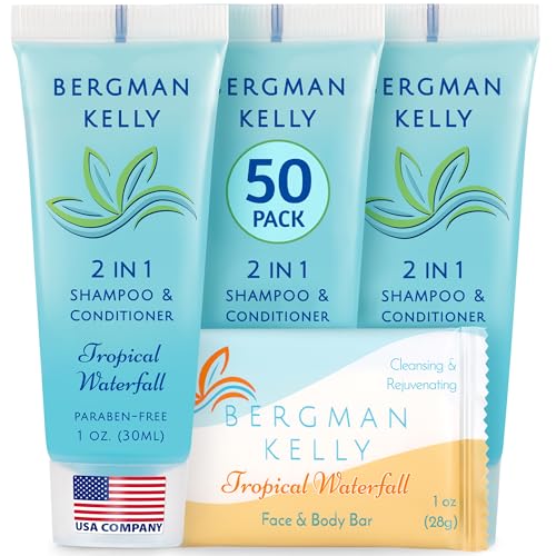 BERGMAN KELLY Rectangle Soap Bars, 2in1 Shampoo & Conditioner 2-Piece Set (Tropical Waterfall, 1 oz ea, 100 pc), Delight Your Guests with Revitalizing & Refreshing Sanitary Toiletries Hotel Amenities