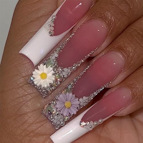 Nude Press on Nails Long Coffin False Nails with Pattern Design French Tip Full Cover Stick on Nails Matte Fake Nails for Women Girls Pretty Artificial Acrylic Nails Kit 24pcs