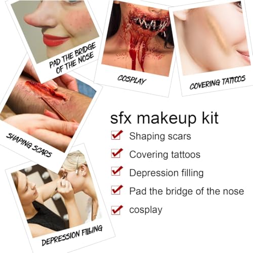 Halloween Fake Blood SFX Makeup Kit ? 7PCS Special Effects Set with Fake Blood Spray, Liquid Latex+Scar Wax+Fake Blood Gel+Spatula Tool & 2 Stipple Sponges ? Vampire Zombie Makeup Kit for Face & Body